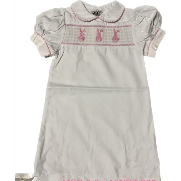 MSC Smocked Pink Easter Bunny Rabbit day gown dress 0-6m NWT smocked layette - Picture 1 of 4